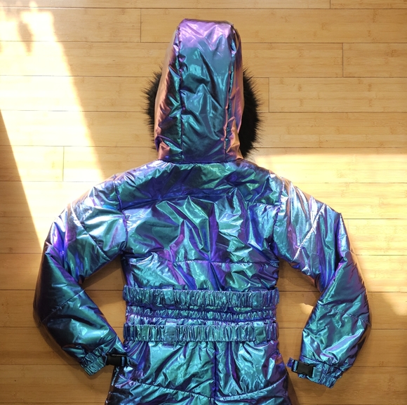 Dolls Kill Club Exx Aurora Beam Holographic Blue Purple Green Black Fur Snowsuit - Picture 11 of 16